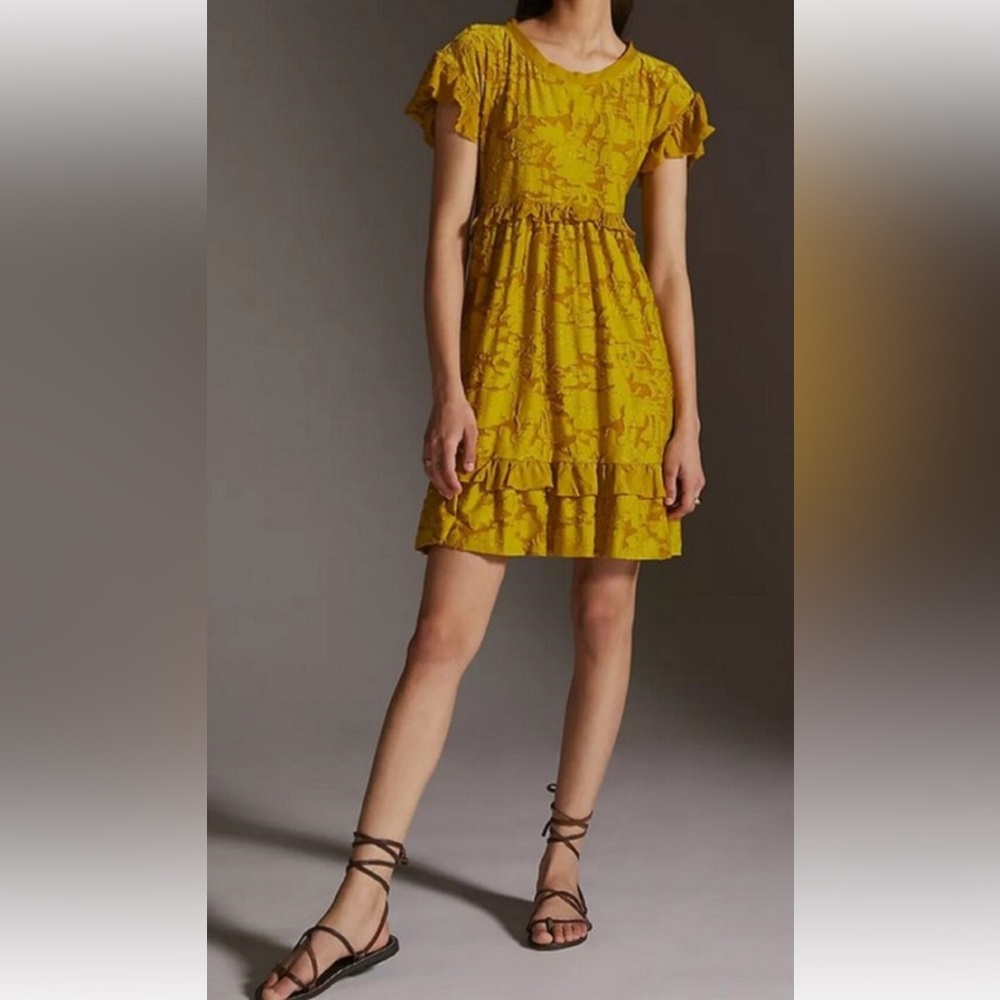 Anthropologie Green and Yellow Ruffled Tiered Midi Sundress